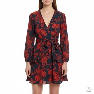 UGuest Women Medium Red Black Floral Long Sleeve V-Neck Ruffle Belt Mini Dress